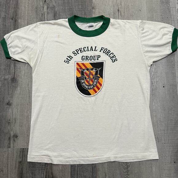 VTG 5th Special Forces Group 70s/80s White Army Airborne Military Ringer T Shirt - Picture 1 of 6